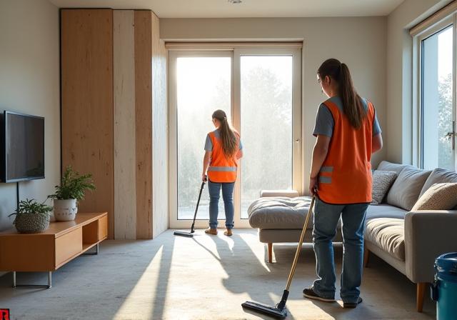 A newly renovated living space being professionally cleaned.