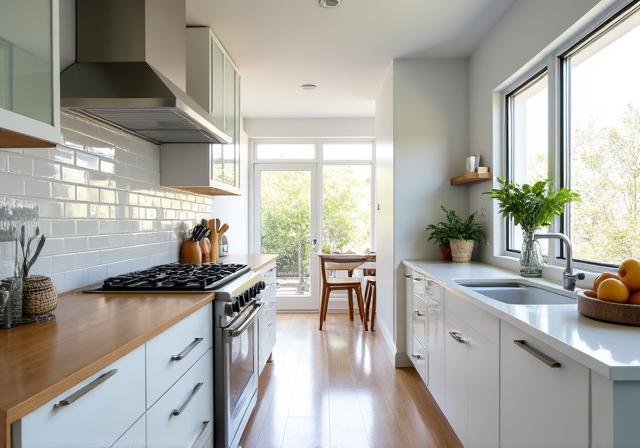 A sparkling clean modern residential kitchen with stainless steel appliances.