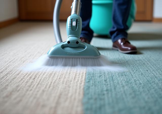 A professional using a steam cleaner on a light-colored carpet.